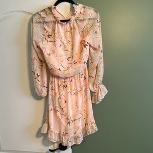 Delicate Pink Floral Ruffle-Neck Maxi Dress